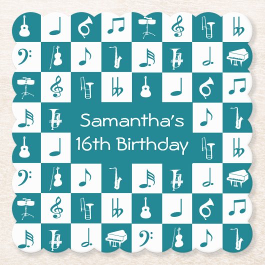 カスタムティール(緑がかった色)とホワイトミュージックのノートと楽器 ペーパーコースター (正面)