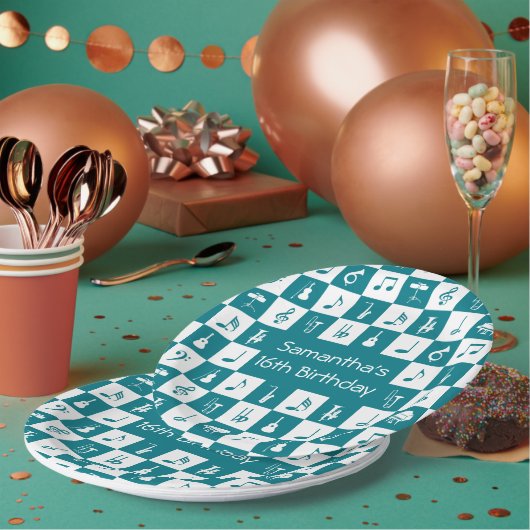 カスタムティール（緑がかった色）とホワイトミュージックのノートと楽器 ペーパープレート (複数)