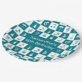 カスタムティール（緑がかった色）とホワイトミュージックのノートと楽器 ペーパープレート (アングル)