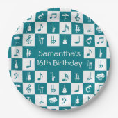 カスタムティール（緑がかった色）とホワイトミュージックのノートと楽器 ペーパープレート (正面)