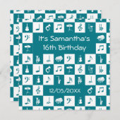 カスタムティール(緑がかった色)とホワイトミュージックのノートと楽器 招待状 (正面/裏面)