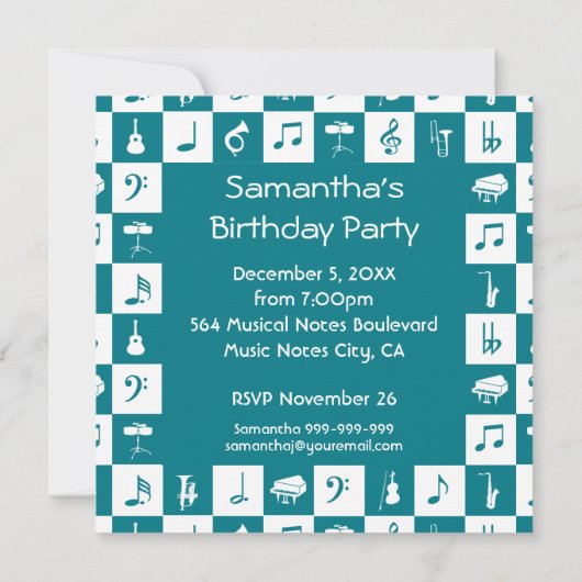 カスタムティール(緑がかった色)とホワイトミュージックのノートと楽器 招待状 (裏面)