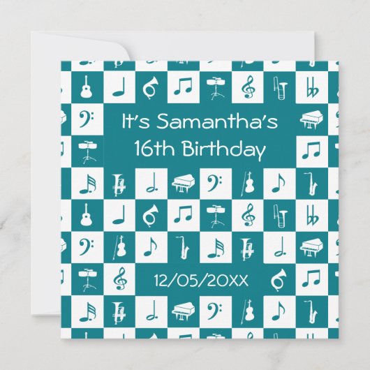 カスタムティール(緑がかった色)とホワイトミュージックのノートと楽器 招待状 (正面)