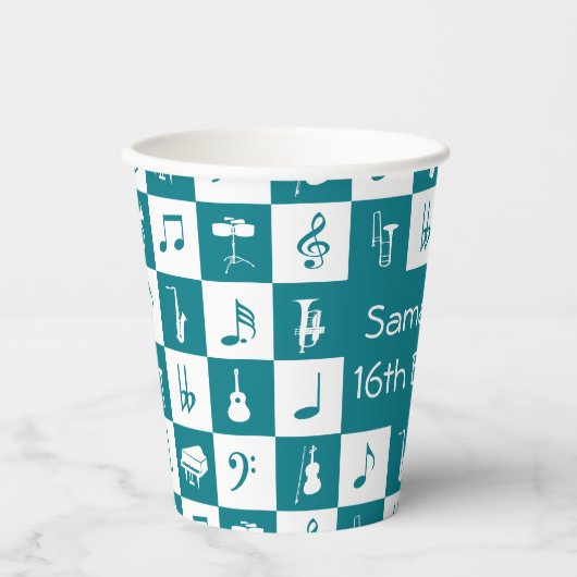 カスタムティール(緑がかった色)とホワイトミュージックのノートと楽器 紙コップ (正面)