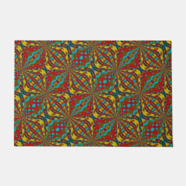 カスタムティール（緑がかった色）サイズ赤と黄色の部族の犬ボウルマット ドアマット