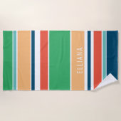 カスタムティール（緑がかった色）ダークブルーグリーンオレンジ黄ストライプ色 ビーチタオル (正面)