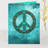 カスタムティール(緑がかった色)ピンクグリーンピースサイン カード (黄色い花)