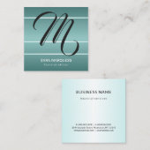 カスタムティール(緑がかった色)ブルー金属ストライプ線モノグラム スクエア名刺 (正面/裏面)