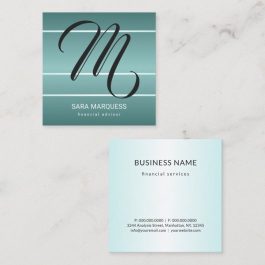カスタムティール（緑がかった色）ブルー金属ストライプ線モノグラム スクエア名刺 (正面/裏面)