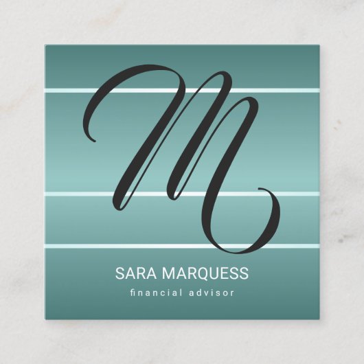 カスタムティール(緑がかった色)ブルー金属ストライプ線モノグラム スクエア名刺 (正面)