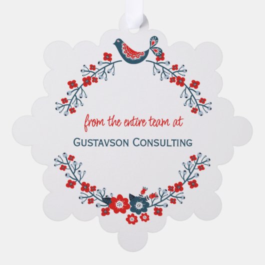 カスタムティール（緑がかった色）レッドフォークブルーバード&フローラアートリース オーナメントカード (裏面)