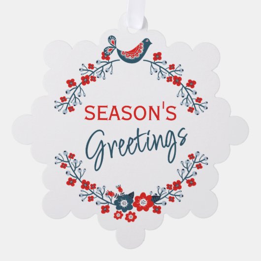 カスタムティール（緑がかった色）レッドフォークブルーバード&フローラアートリース オーナメントカード (正面)