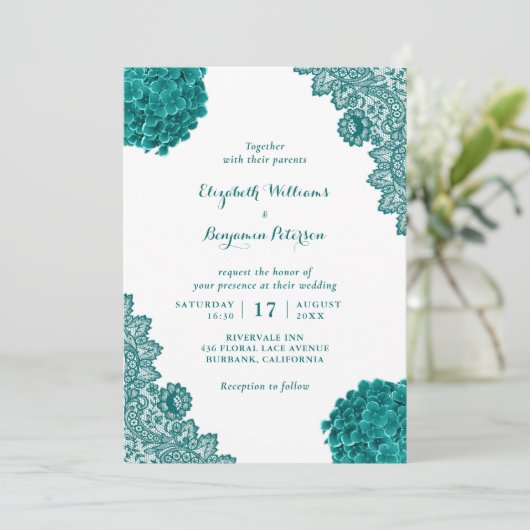 カスタムティール（緑がかった色）素朴ヒドランゲアフローラレ結婚ース 招待状 (スタンド正面)