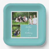 カスタムティール（緑がかった色）青と白結婚の ペーパープレート (正面)