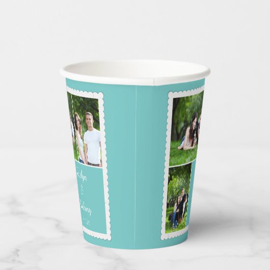 カスタムティール（緑がかった色）青と白結婚の 紙コップ (右)