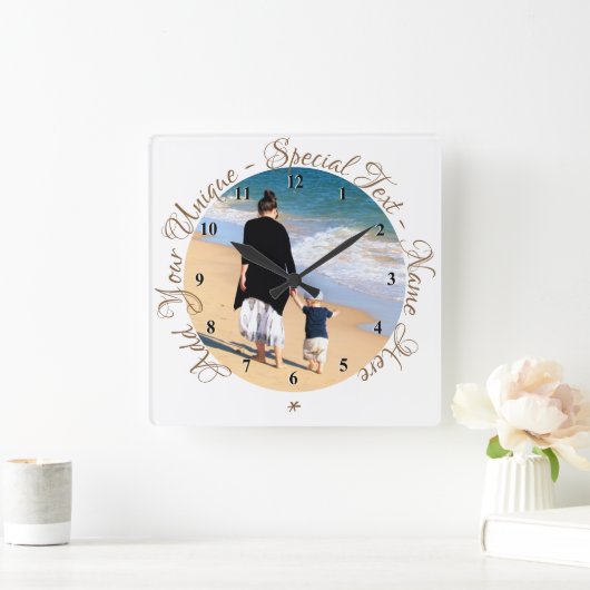 カスタムテキストでフォトクロックをカスタマイズ スクエア壁時計 (ホーム)