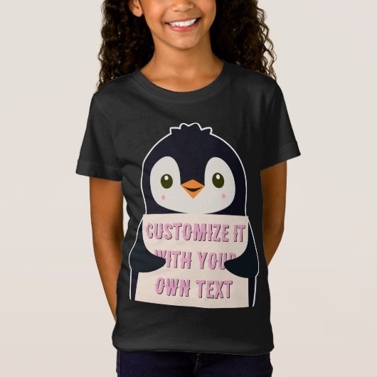 カスタムテキストの看板を持つペンギンのマスコット Tシャツ (正面)