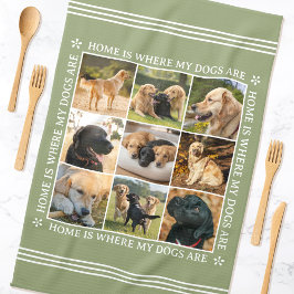 カスタムテキストフォトコラージュ ペット犬 Sage Green キッチンタオル