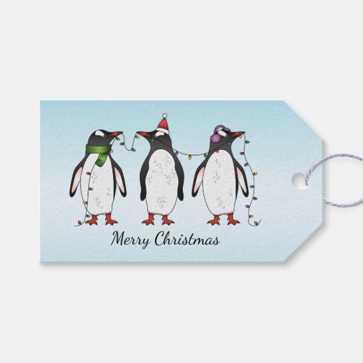 カスタムテキスト入りクリスマスペンギン3羽 ギフトタグ (正面(横))