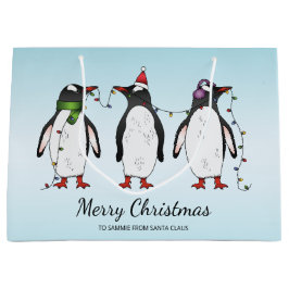 カスタムテキスト入りクリスマスペンギン3羽 ラージペーパーバッグ