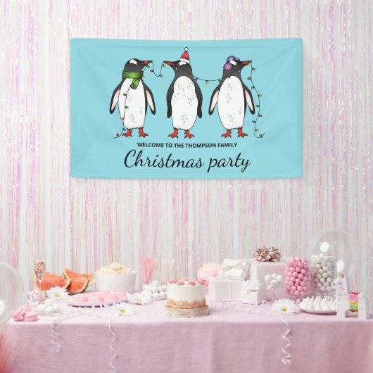 カスタムテキスト入りクリスマスペンギン3羽 横断幕 (パーティー)