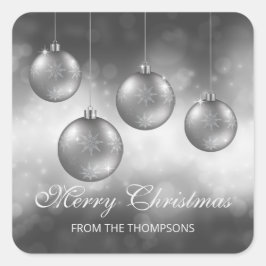 カスタムテキスト入りシルバーグレー クリスマス オーナメント スクエアシール