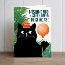 カスタムテキスト入りバースデーキャットとバルーン
