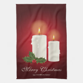 カスタムテキスト入りレッドクリスマスキャンドル キッチンタオル