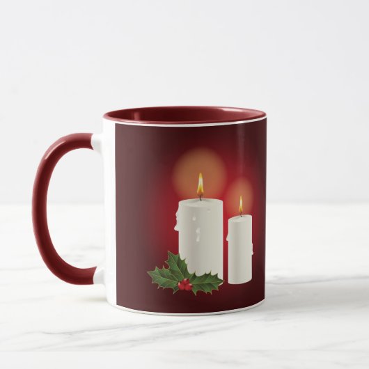 カスタムテキスト入りレッドクリスマスキャンドル マグカップ (左)