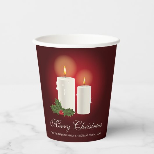カスタムテキスト入りレッドクリスマスキャンドル 紙コップ (正面)