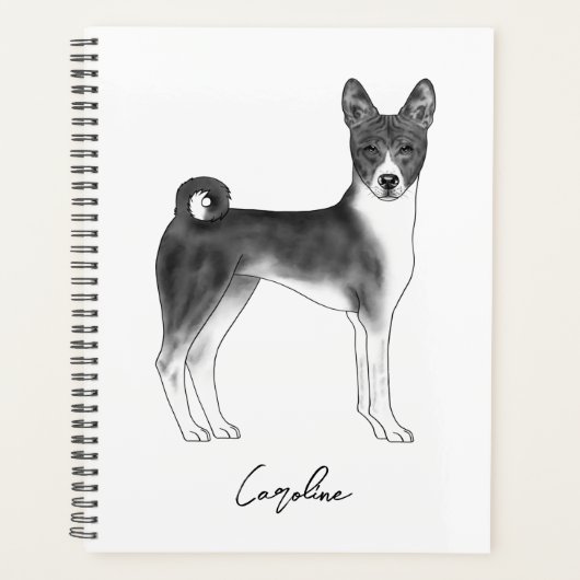 カスタムテキスト入り白黒のバセンジー犬 プランナー手帳 (正面)