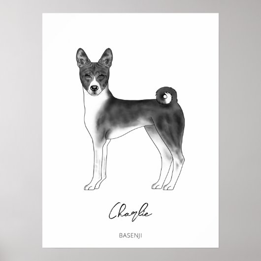 カスタムテキスト入り白黒のバセンジー犬 ポスター (正面)