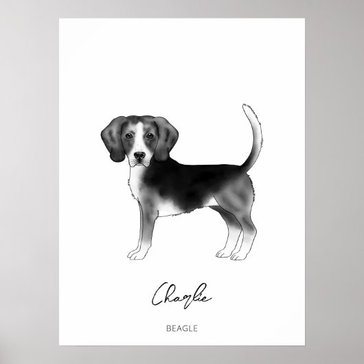 カスタムテキスト入り白黒のビーグル犬 ポスター (正面)