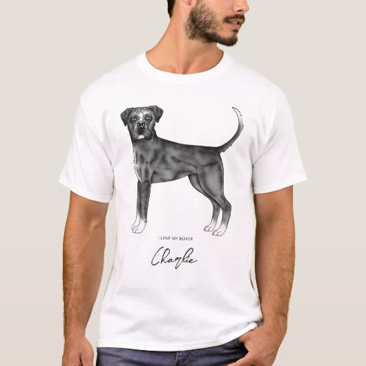 カスタムテキスト入り白黒のボクサー犬 Tシャツ (正面)