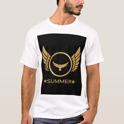 カスタムテキスト サマーバイブス ゴールドイーグル画像 白 Tシャツ (正面)