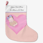 カスタムテキスト |スリープベビーラブピンクハート ラージクリスマスストッキング (正面)