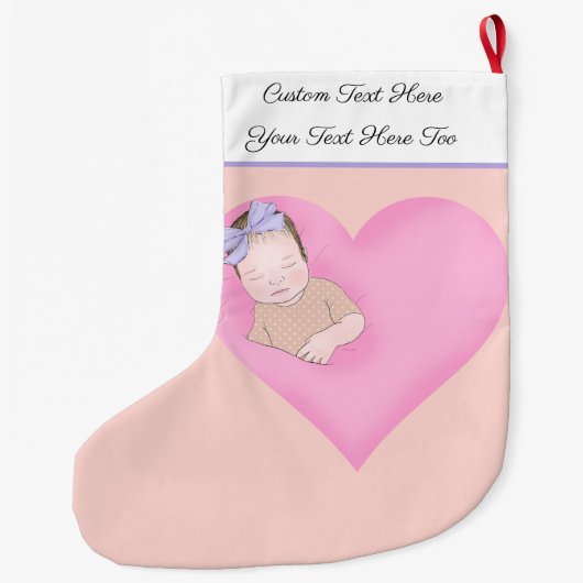 カスタムテキスト |スリープベビーラブピンクハート ラージクリスマスストッキング (裏面)