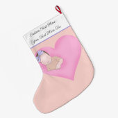 カスタムテキスト |スリープベビーラブピンクハート ラージクリスマスストッキング (裏面 (吊り時))