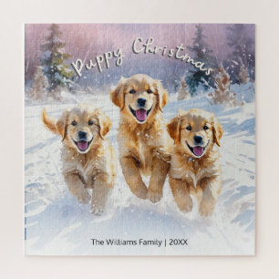 カスタムテキスト メリークリスマス 雪の中の愛らしい子犬たち ジグソーパズル