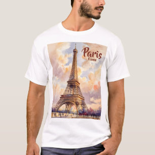 カスタムテキスト 水彩 エッフェル塔 日没 旅行 Tシャツ