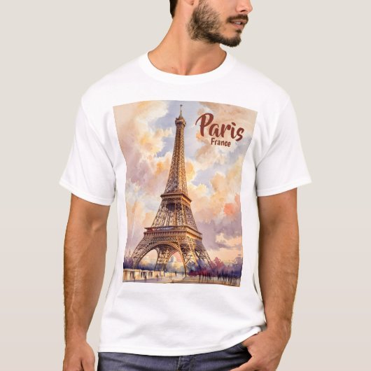 カスタムテキスト 水彩 エッフェル塔 日没 旅行 Tシャツ (正面)