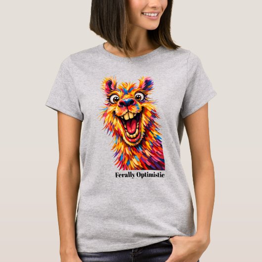 🐶カスタムテキスト「Ferally Optimistic（野生の楽観主義者）」ラマ Tシャツ (正面)