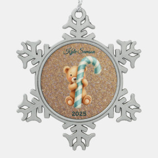 カスタムテディベアとブルーキャンディーケーン スノーフレークピューターオーナメント