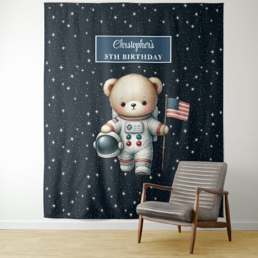 カスタムテディベア宇宙飛行士誕生日背景 タペストリー (インサイチュ)