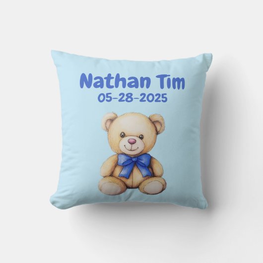 カスタムテディベア男の赤ちゃん名&DOB クッション (正面)
