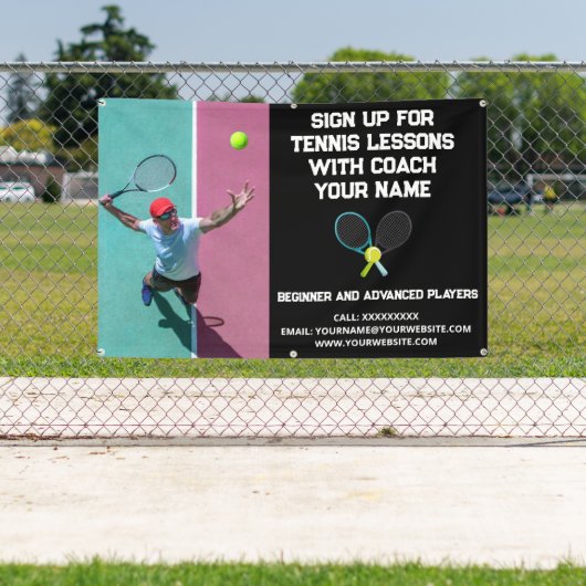 カスタムテニスのコーチ指導クラスレッスブラック 横断幕 (インサイチュ)