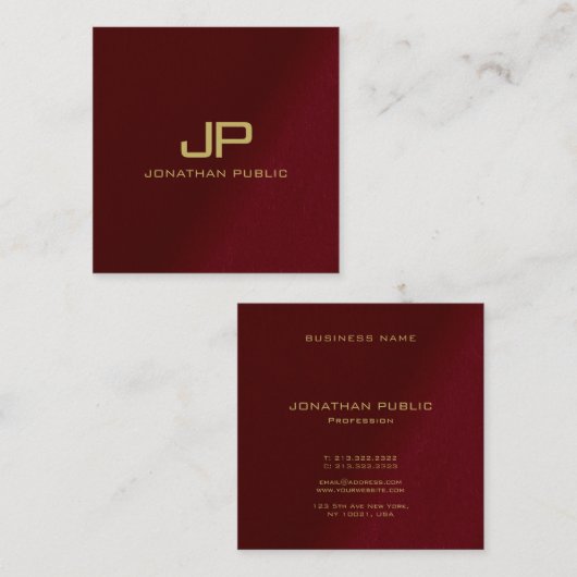 カスタムテンプレートエレガント金ゴールド文字モノグラムレッド スクエア名刺 (正面/裏面)