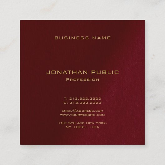 カスタムテンプレートエレガント金ゴールド文字モノグラムレッド スクエア名刺 (裏面)