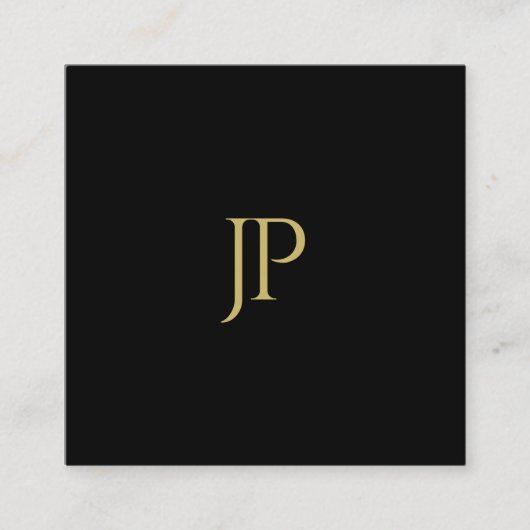 カスタムテンプレートブラック金ゴールドモノグラムイニシャル スクエア名刺 (正面)