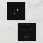 カスタムテンプレートブラック金ゴールドモノグラムイニシャル スクエア名刺 (正面/裏面)